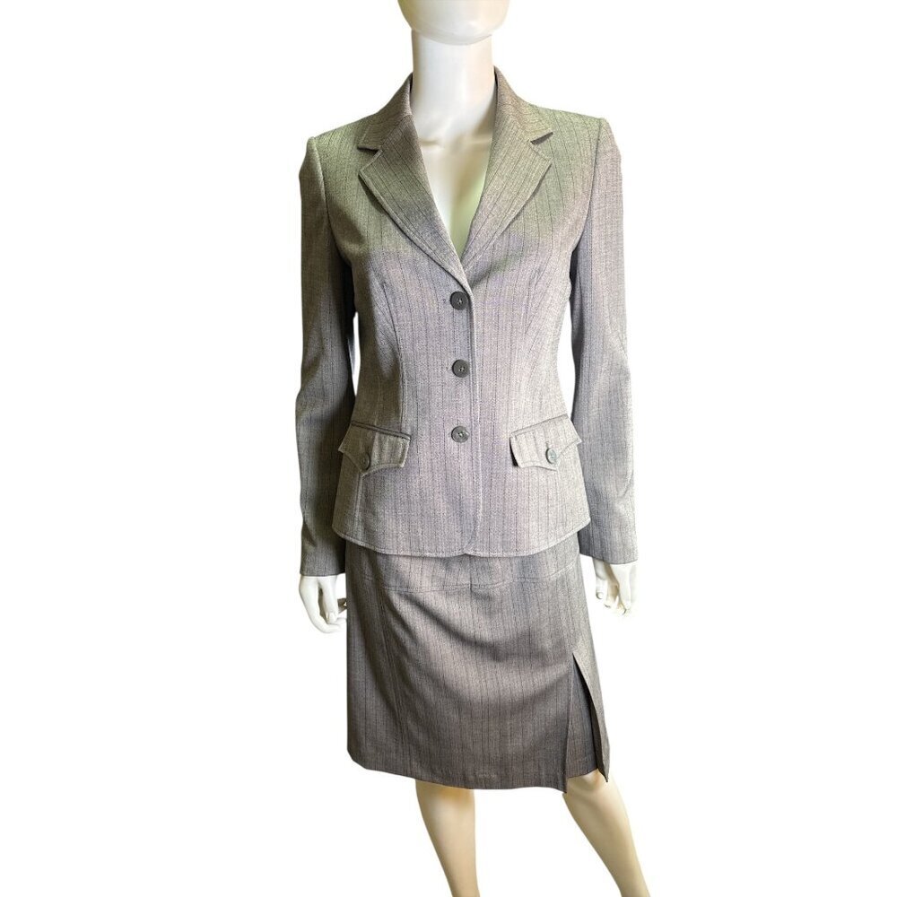 Atelier Womens Gray Pinstripe Skirt Suit Set Blazer & Pencil Skirt Size 2 EUC